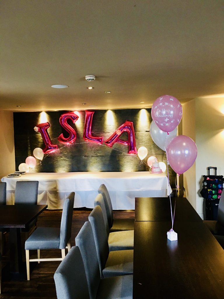 Name Arch, Table Cluster. Christening Balloon Decor