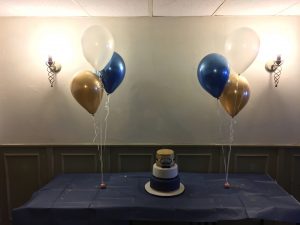 chrome balloons, cake table, birthday balloons